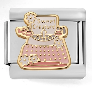 Italian charm link with pink typewriter design and Sweet Creature text in stainless steel