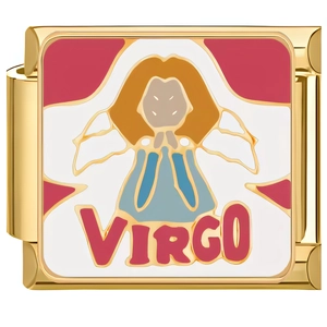 Detailed view of gold stainless steel Virgo zodiac charm with pink enamel text