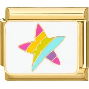 Macro detail of Italian style golden modular charm with rainbow star enamel inlay