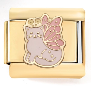 Detail of Italian charm link featuring pink enamel cat with butterfly wings in 18K gold