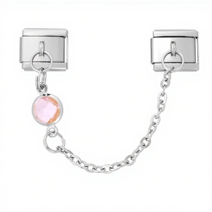 Detailed view of 9mm modular stainless steel safety chain with pink crystal charm