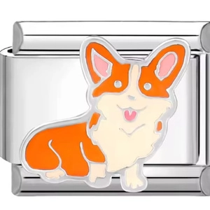 Macro detail of Italian modular charm featuring a colorful enamel corgi dog on silver steel