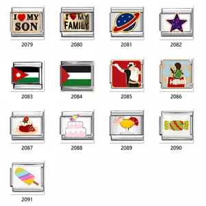 Selection of stainless steel modular charms featuring colorful enamel travel and family themes