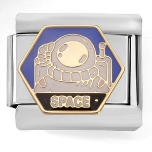 Italian charm bracelet link with astronaut and Space text in silver stainless steel