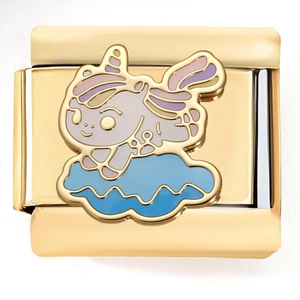 Detail of 18K gold Italian link charm featuring a colorful enamel unicorn on blue clouds