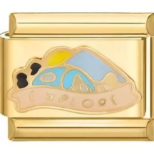 Golden stainless steel charm link with mountain enamel painting and Explore engraving
