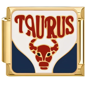 Macro shot of a golden Italian charm featuring a Taurus zodiac sign with colorful enamel