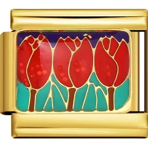 Italian charm bracelet link featuring red tulips enamel design in a gold finish frame