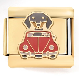 Macro view of gold stainless steel charm featuring a black dachshund in a red vintage car