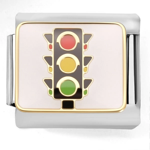 Macro shot of stainless steel modular charm featuring a colorful traffic light design