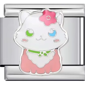 Detailed macro view of an Italian Charm with white enamel cat and pink flower design