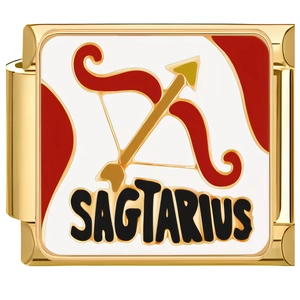 Detailed close-up of golden Sagittarius charm link with red bow icon and white enamel