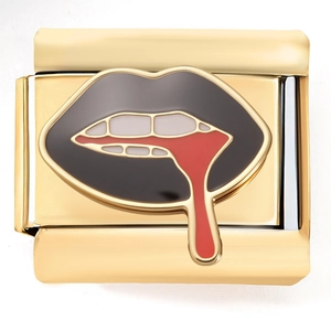 Detailed macro view of a gold-tone stainless steel link with a red dripping lips charm