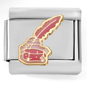 Italian charm with gold quill and ink pot design in pink enamel on stainless steel