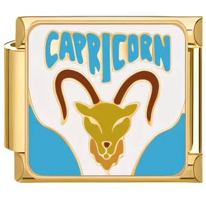 Detail of gold Capricorn Italian charm bracelet link with enamel goat and logo text
