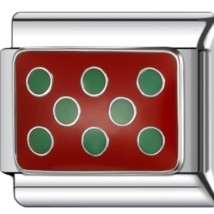 Macro detail of Italian charm with red enamel and green polka dot pattern for DIY bracelets