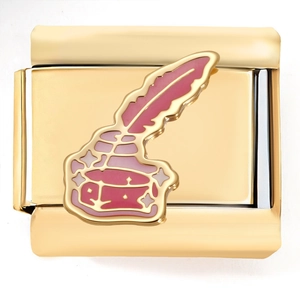 Abalorio italiano de 9mm dorado con pluma rosa en tintero para pulseras intercambiables