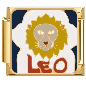 Detail of gold Italian charm link featuring an embossed Leo lion head and enamel lettering