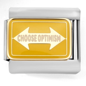 Close-up of Italian charm link with yellow enamel and 'CHOOSE OPTIMISM' text detail