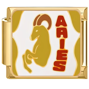 Macro detail of Aries zodiac Italian charm link in gold stainless steel with red text
