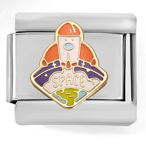 Detailed macro view of an Italian modular charm with a rocket design and SPACE text