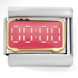 Macro detail of Italian modular charm link with pink enamel 00:00 clock design
