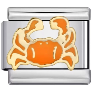 Charm italien avec crabe orange et bords dorés sur base en acier inoxydable de 9mm