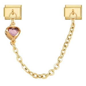 Safety chain charm for modular bracelet in gold with a sparkling pink heart gemstone