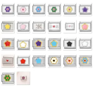 Customizable stainless steel Italian charm bracelets featuring flowers and MOM designs