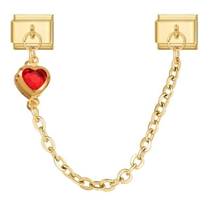 Gold modular charm bracelet safety chain featuring a faceted red heart stone pendant