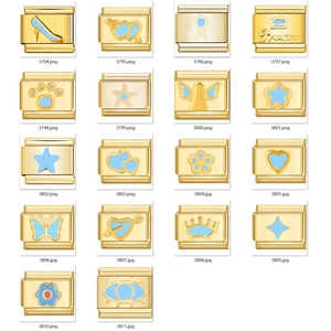 Maillons de charme italiens personnalisables en or et émail bleu avec divers motifs