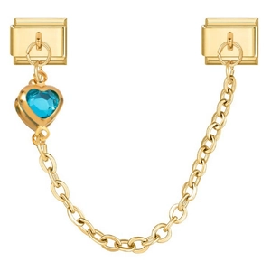 Detailed view of Italian style modular safety chain with blue heart charm in gold finish