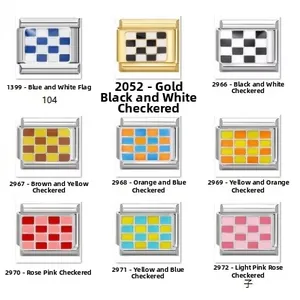 Modular stainless steel Italian charm bracelets with colorful checkered flag patterns