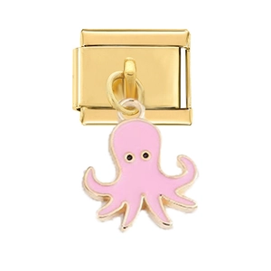Italienischer Armband-Link aus Edelstahl mit goldenem und rosa Emaille-Oktopus-Anhänger