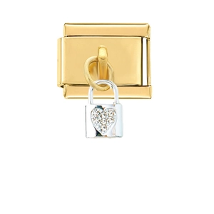 Modulares Gold-Glied mit hängendem silbernen Herzschloss und Zirkonia-Verzierung