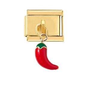 Nahaufnahme des goldenen Armband-Moduls mit einem rot-grünen Emaille-Chili-Anhänger