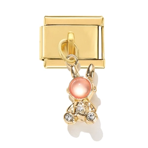Italienisches Charm-Glied mit goldenem Bärenanhänger, rosa Stein und weißen Kristallen