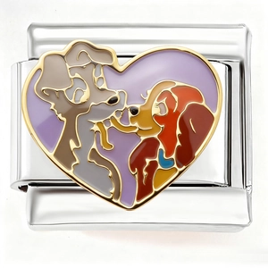 Polished stainless steel heart charm with Lady and the Tramp cartoon artwork