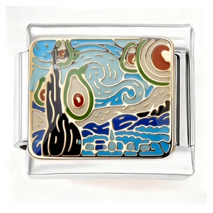 Macro shot of 304 stainless steel Italian charm link featuring Van Gogh Starry Night enamel