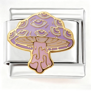 Detail of Italian charm link featuring a psychedelic purple mushroom with eye patterns