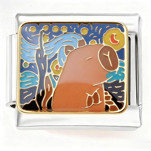 Macro detail of Italian charm link featuring Van Gogh starry sky and capybara art