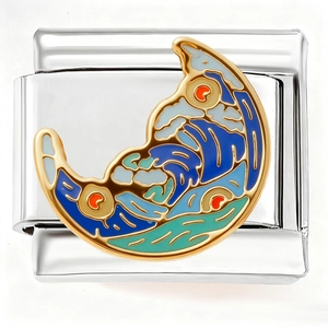 Detail of moon shaped Italian charm with blue wave enamel pattern and gold plated finish