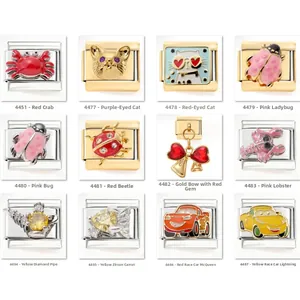 Italian style stretch charm bracelet with colorful enamel insects and racing car charms