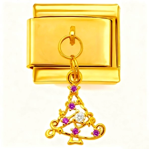 Détail d'un maillon modulaire doré avec un pendentif sapin de Noël aux pierres violettes