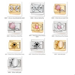 304 Stainless Steel Italian Charms Modular Bracelet Links Zirconia Butterfly Goldfish Flower For DIY Jewelry Making Women