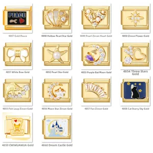 Italian charms in gold stainless steel with star, heart and shell designs for modular bracelets