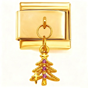 Détail d'un charme modulaire doré de style italien avec sapin de Noël et gemmes violettes