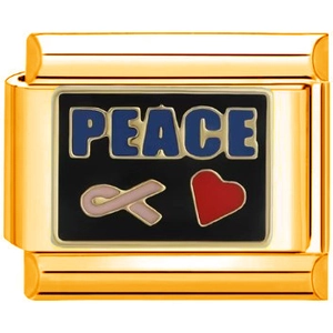 Χρυσό ατσάλινο peace charm για σπονδυλωτά βραχιόλια με ροζ κορδέλα και κόκκινη καρδιά