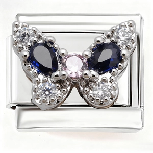Italian charm link with butterfly pendant featuring blue and pink cubic zirconia