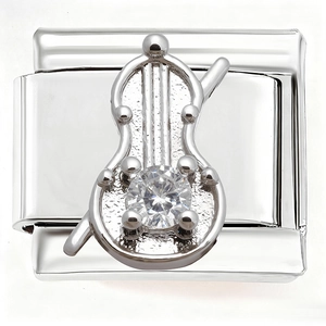 Italian charm bracelet link in silver stainless steel featuring a guitar with clear zircon